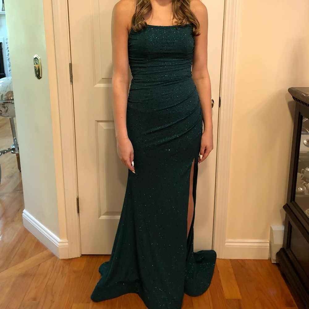 Sparkling Teal Strap Evening Gown with Side Slit